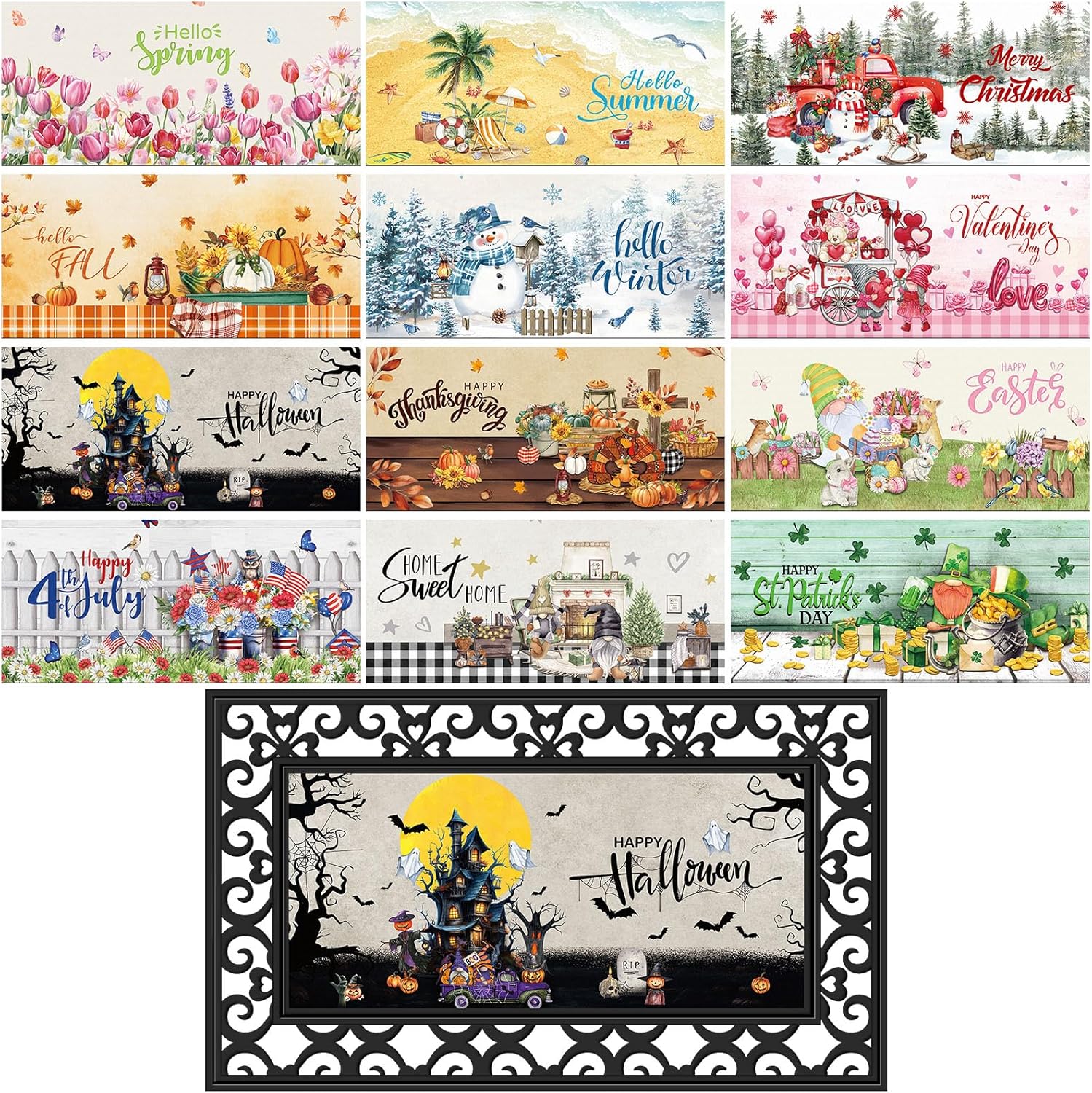 12 Pcs Seasonal Door Mats Set for Year-Round Home Decor 22 in
