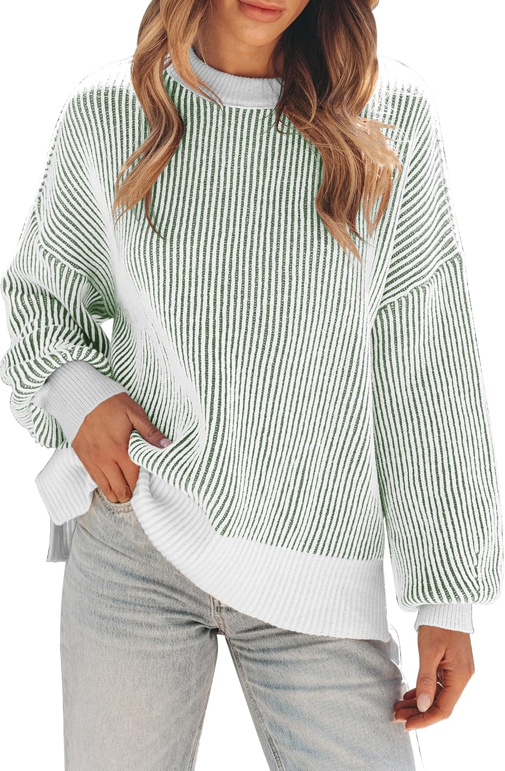 Womens Oversized Colorblock Striped Knit Pullover Sweater