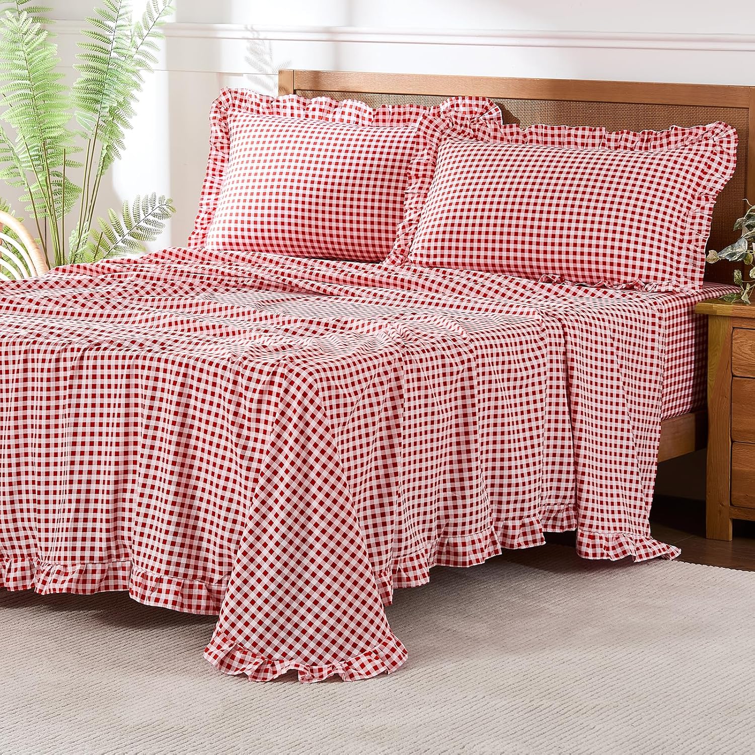 Gingham Sheet Set with Ruffle Trim for Cozy Farmhouse Style