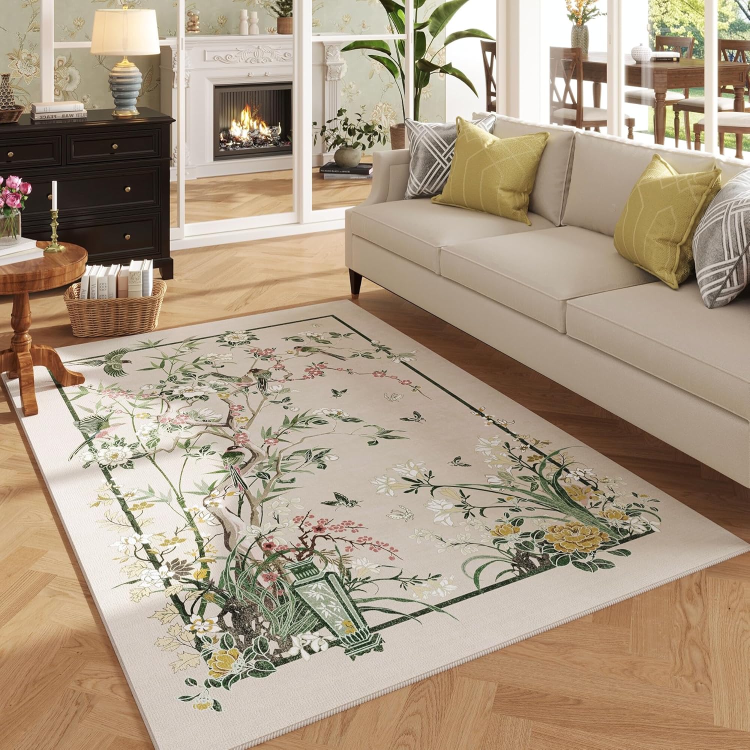 Chinoiserie-Style Floral Vintage Washable Area Rug for Home