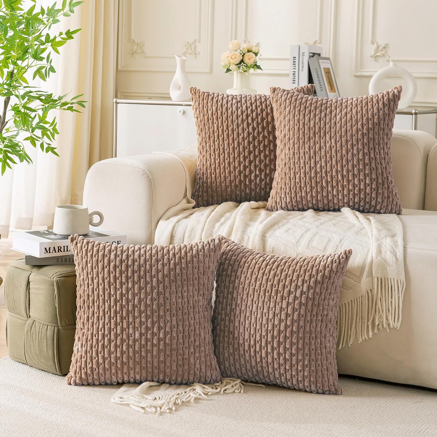 Set of 4 Light Brown Decorative Throw Pillow Covers for Home
