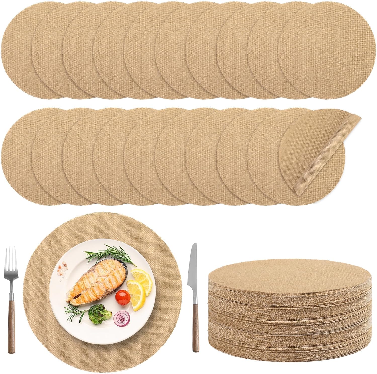 50 Pieces Round Burlap Placemats for Rustic Table Decor
