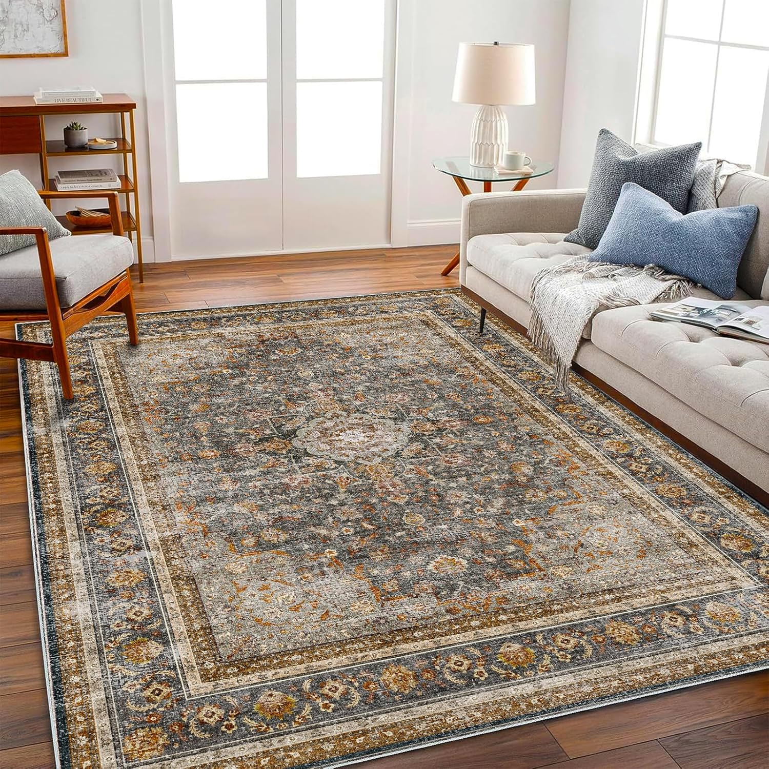 Vintage Traditional Area Rug 6ftx9ft Washable Non Slip Carpet