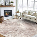 Washable Abstract 9ft Round Rug - Large Non Slip Brown Rug for Living