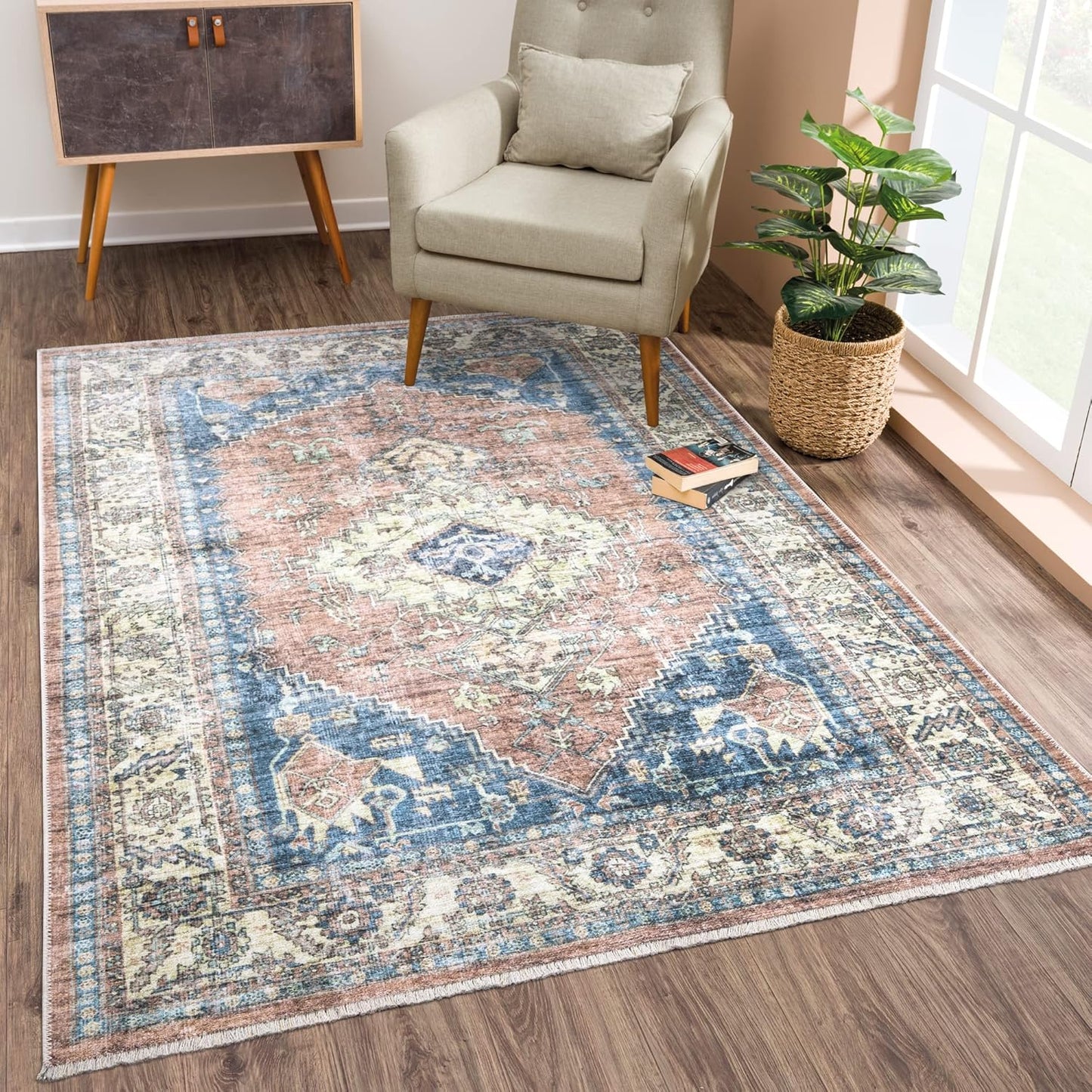 Caria Washable Non-Slip 9x12 Rug - Coral Pink/Ocean Blue