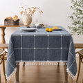 Navy Blue Boho Grid Table Cloth with Tassels 60in x 104in - Heavy