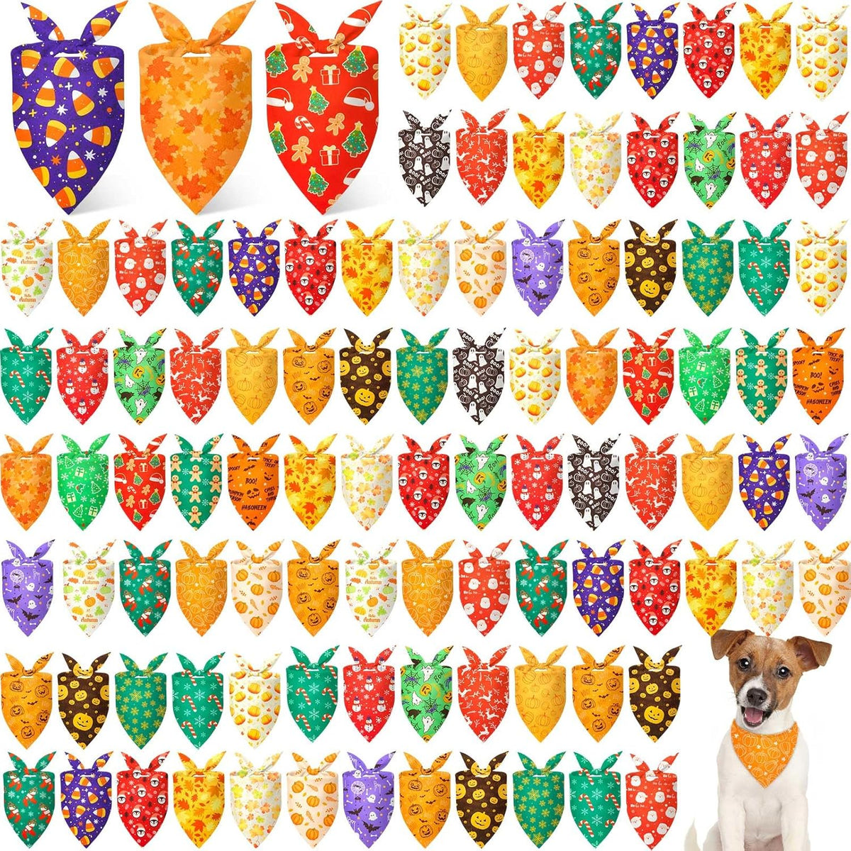 100 Pcs Holiday Dog Bandanas for Fall Halloween Christmas Fun
