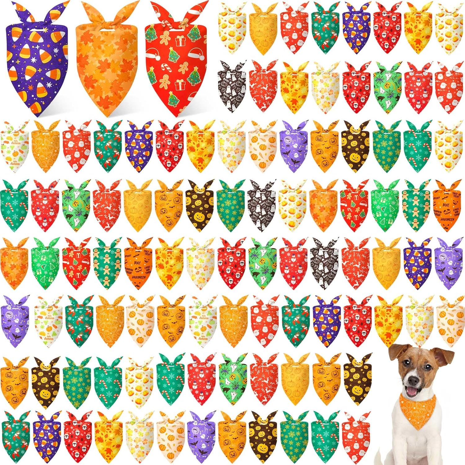 100 Pcs Holiday Dog Bandanas for Fall Halloween Christmas Fun