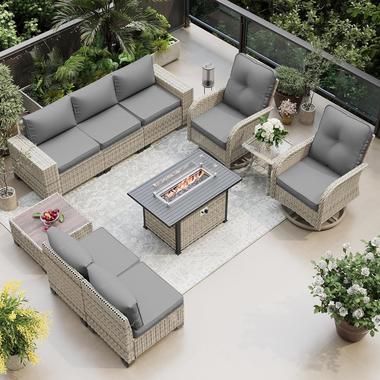 10-Piece Outdoor Patio Furniture Set with Fire Pit Table