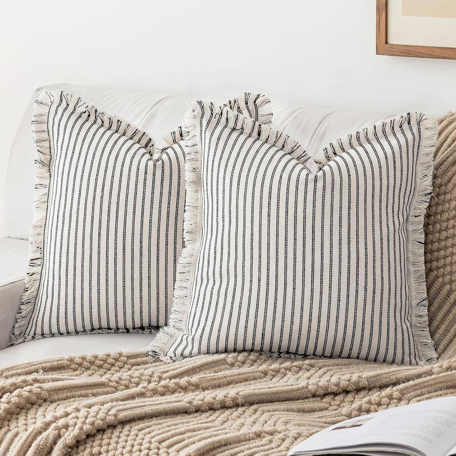 Throw Pillow Covers 26x26 Set of 2 with Striped Fringe Design