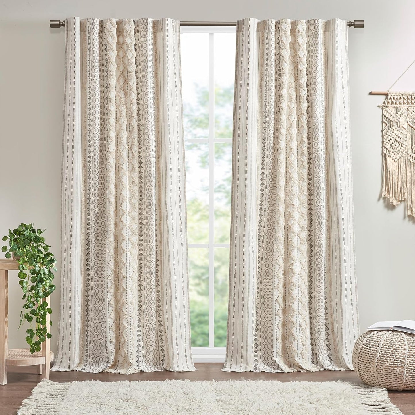 Boho Curtains for Bedroom & Living Room, 100% Cotton Tufted