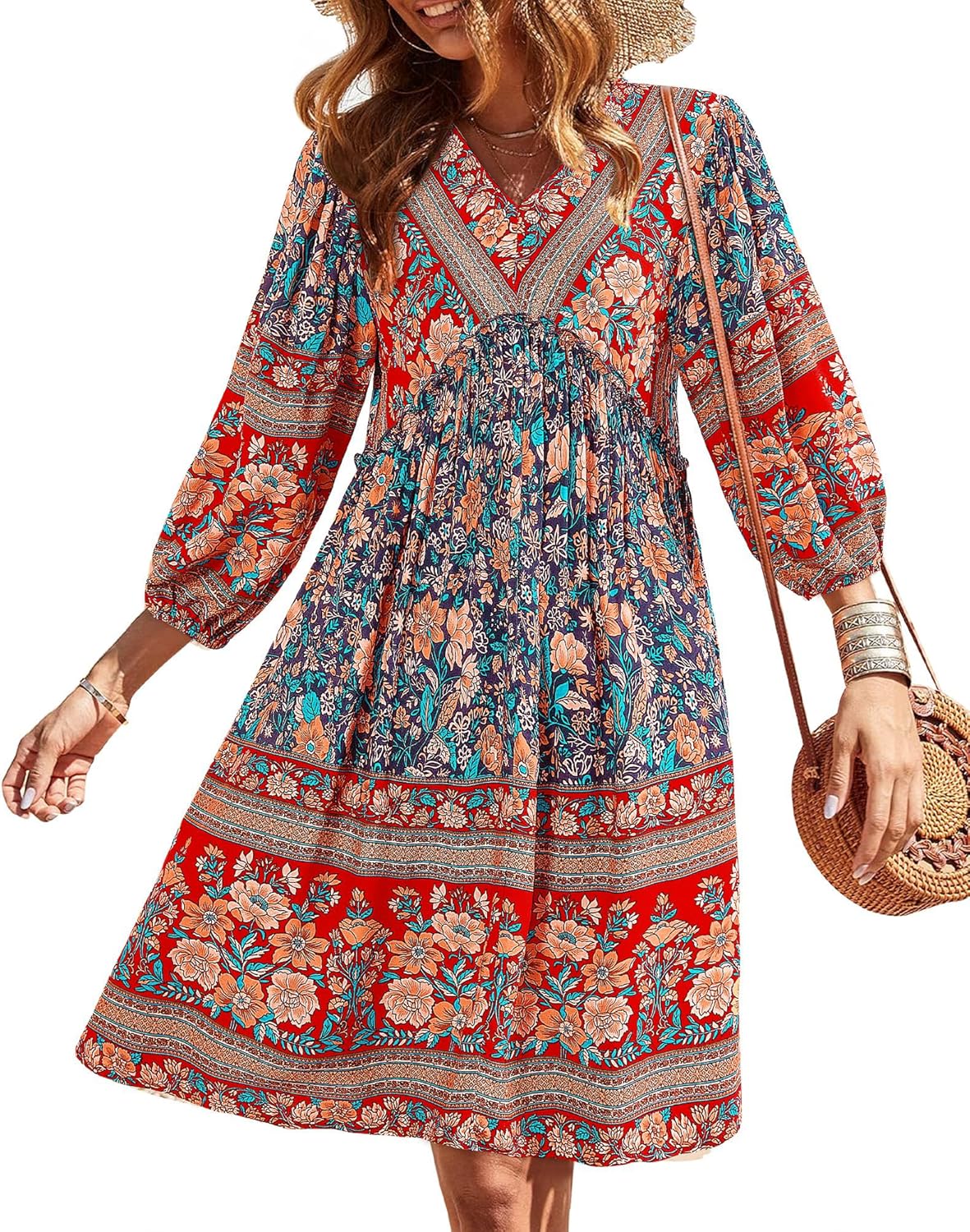 BTFBM Women Casual Spring Summer Dresses V Neck Ruffle Floral