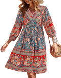 Women Casual Spring Summer Boho V Neck Ruffle Floral Mini Dress