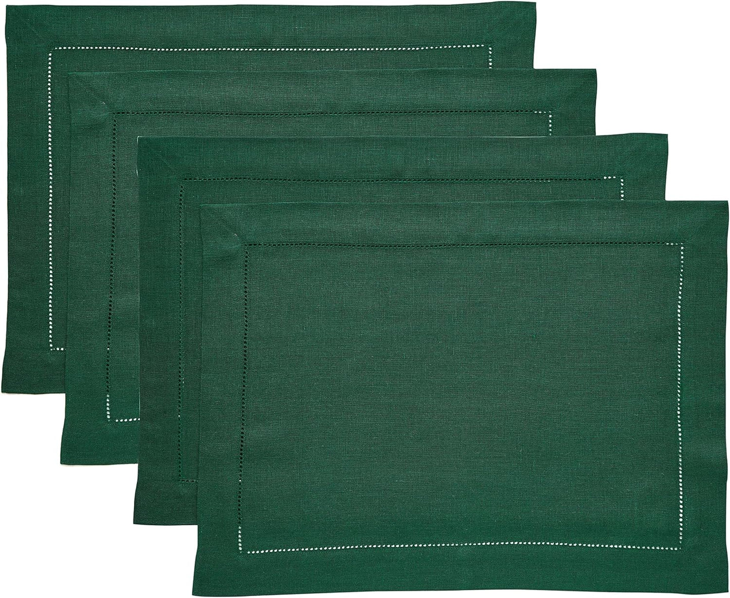 Classic Hemstitch Rainforest Green Linen Placemats Set of 4