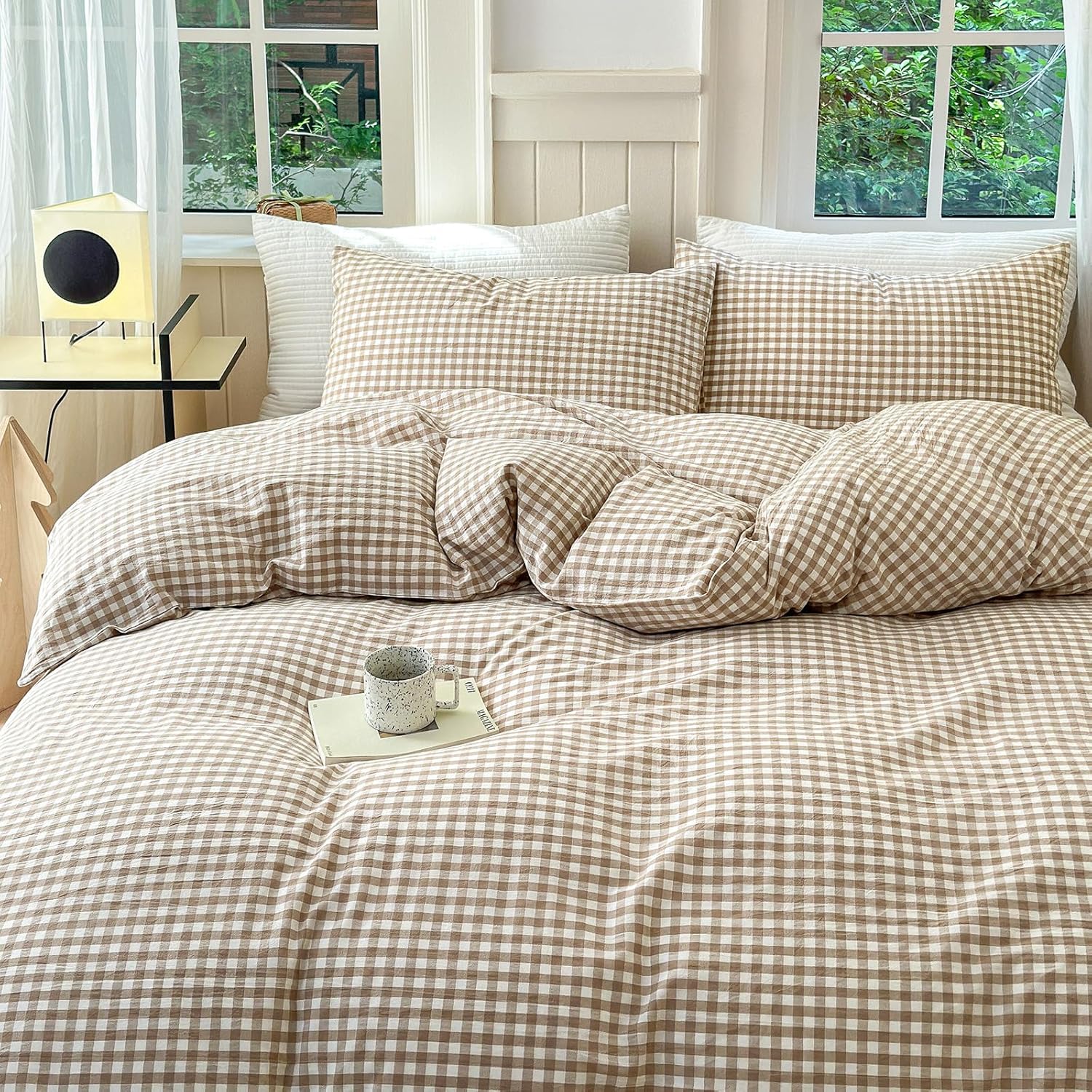LifeTB Tan Gingham Grid Duvet Cover Queen Set for Cozy Bedrooms