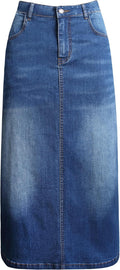 Long Denim Skirt for Women Blue High Waisted Stretch Maxi - Pocketed