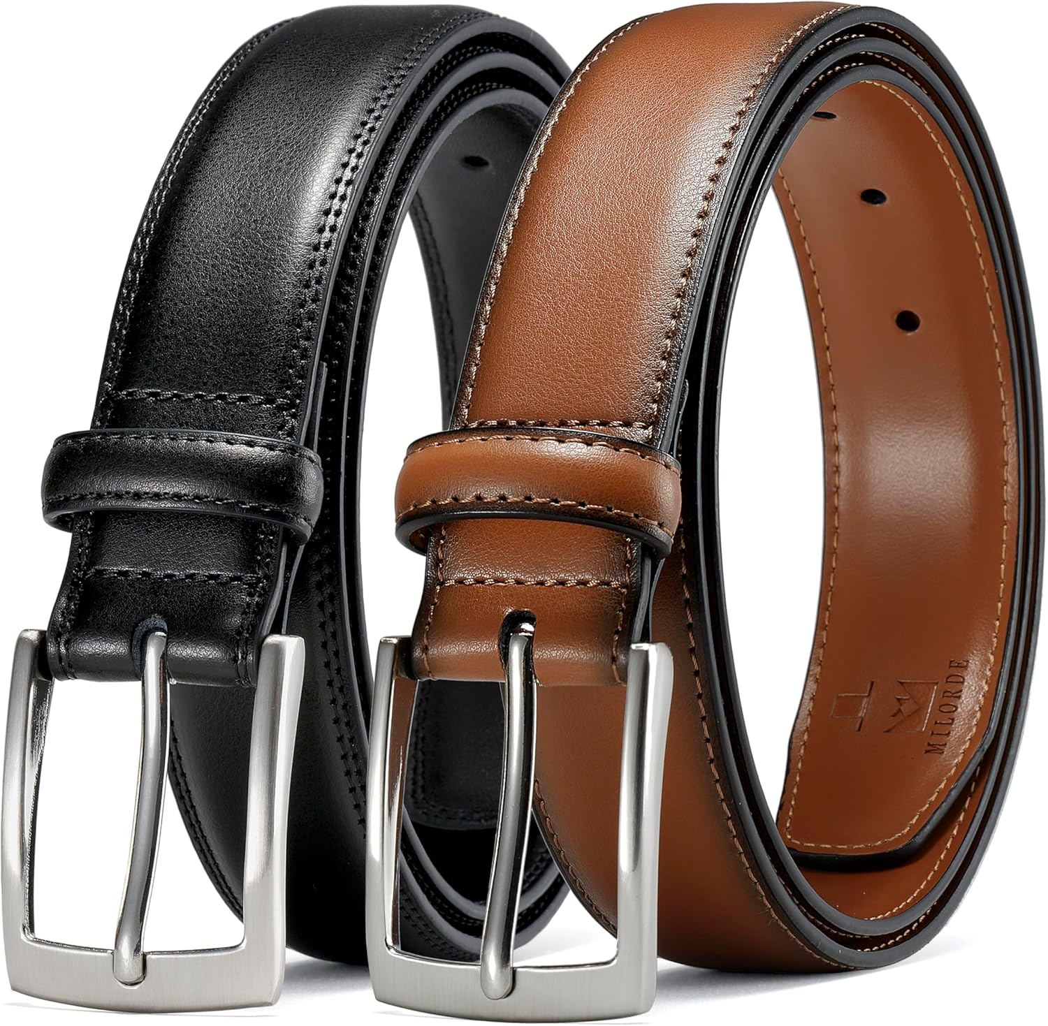 MILORDE Men's Leather Dress Belt 2Pack for Work and Casual Use