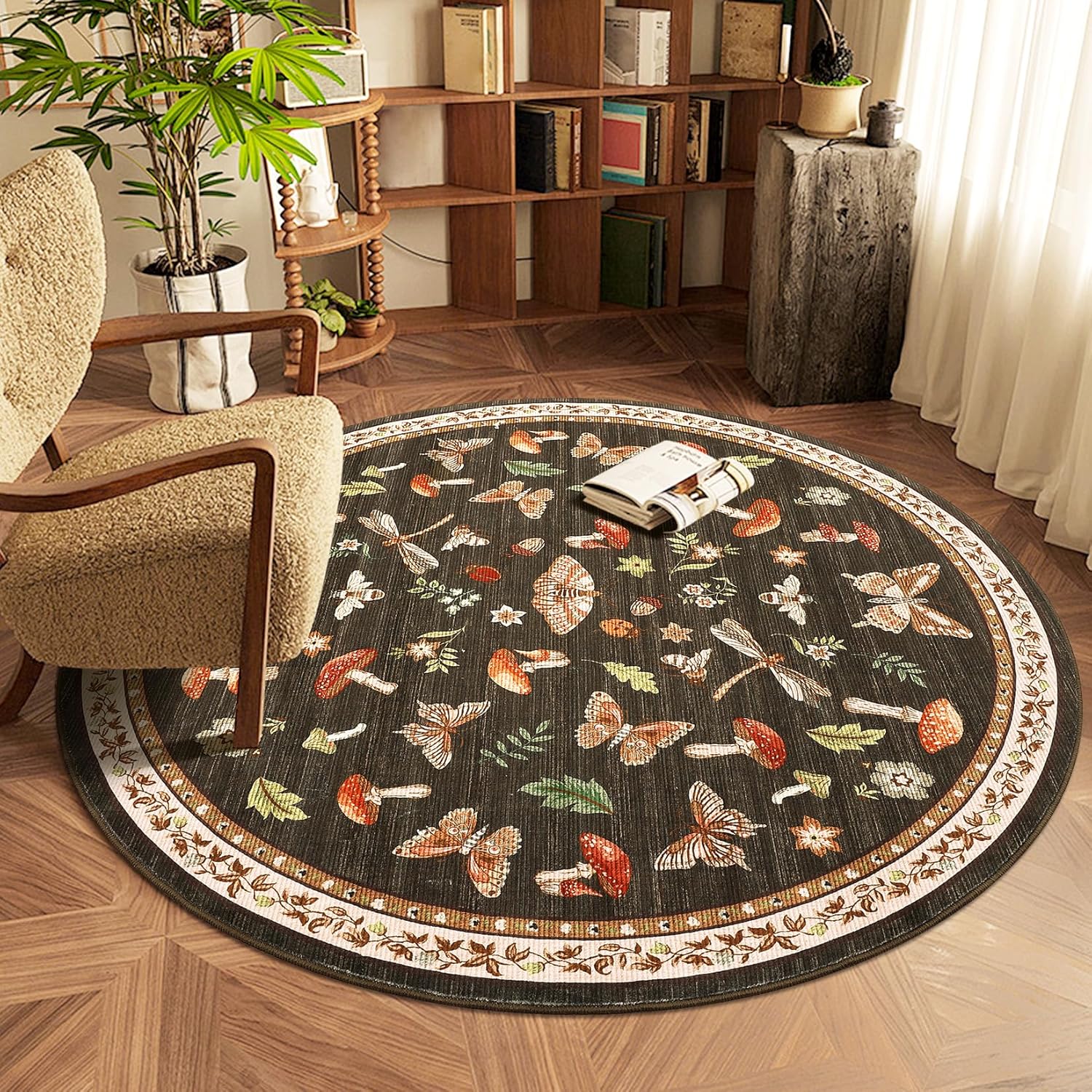 Mushroom Insect 4ft Round Rug for Kitchen and Bedroom Decor