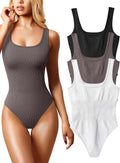 OQQ Women's Ribbed Square Neck Bodysuits 3-Pack - Stretchy Comfort