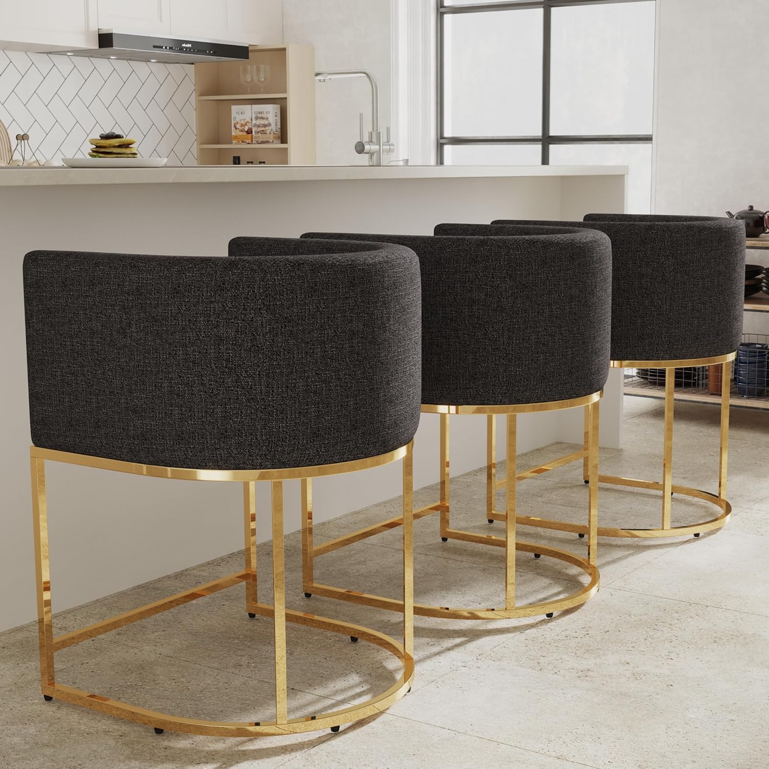 Linen Bar Stools Set of 3 with Golden Metal Base for Elegance