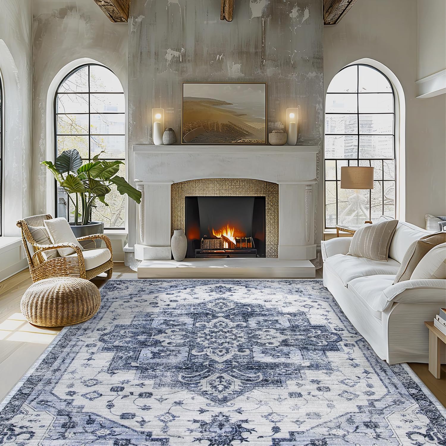 Washable Rug Living Room Rugs: Soft Boho Vintage Medallion