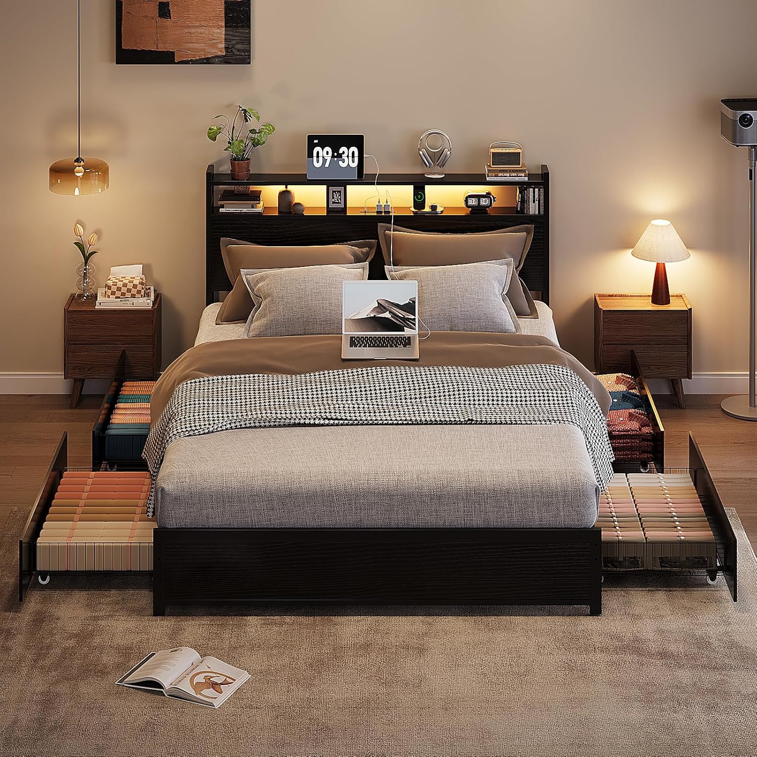 VINGLI Queen Platform Bed Frame with Storage and LED Lights