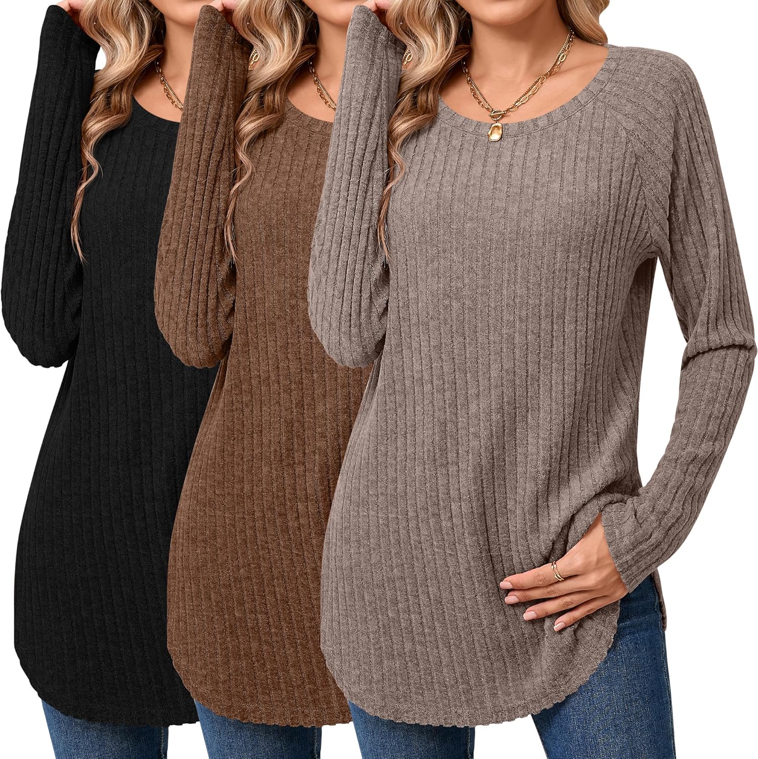 Ficerd 3 Pack Women's Long Sleeve Sweaters for Fall Style