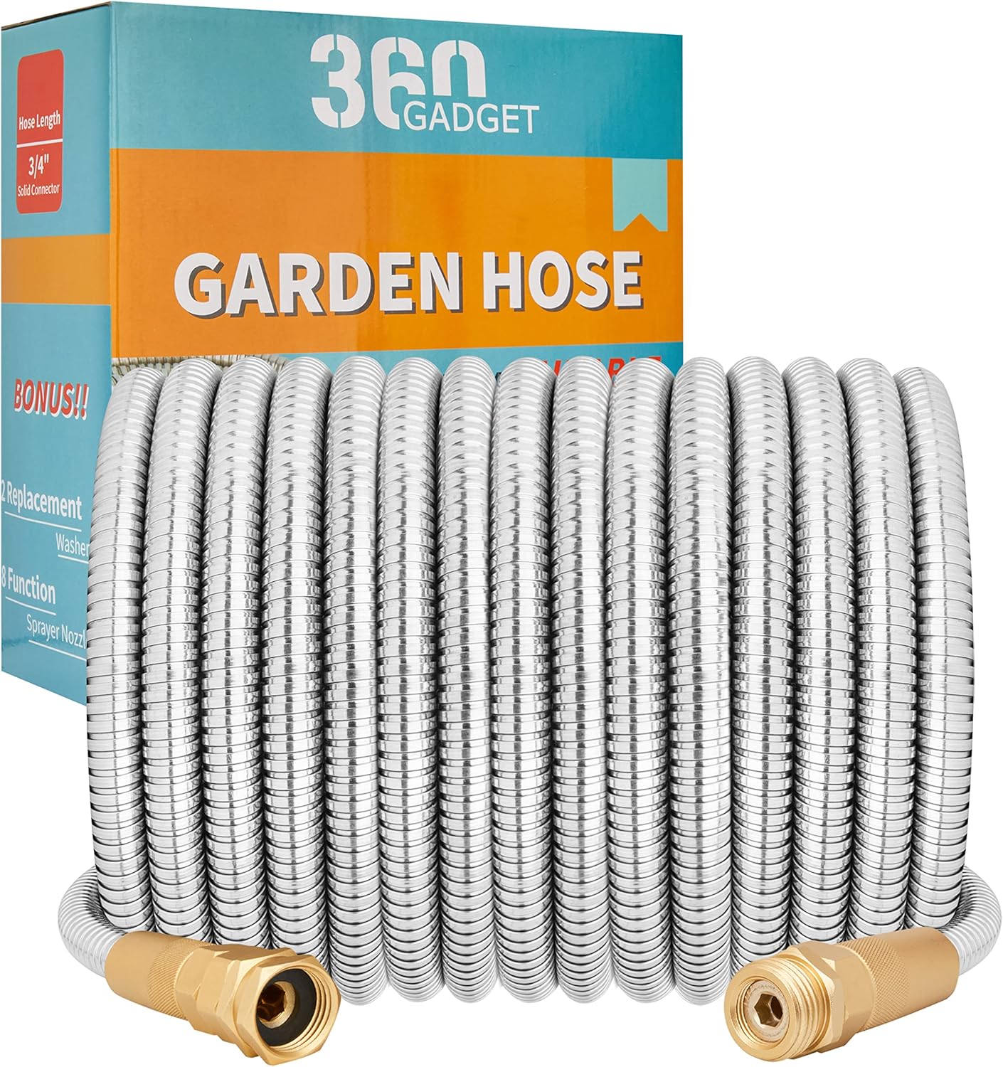 25ft Heavy Duty Stainless Steel Garden Hose with 8 Function Sprayer