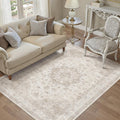 Beige Area Rug 4x5 Washable Vintage Carpet - Soft Low Pile