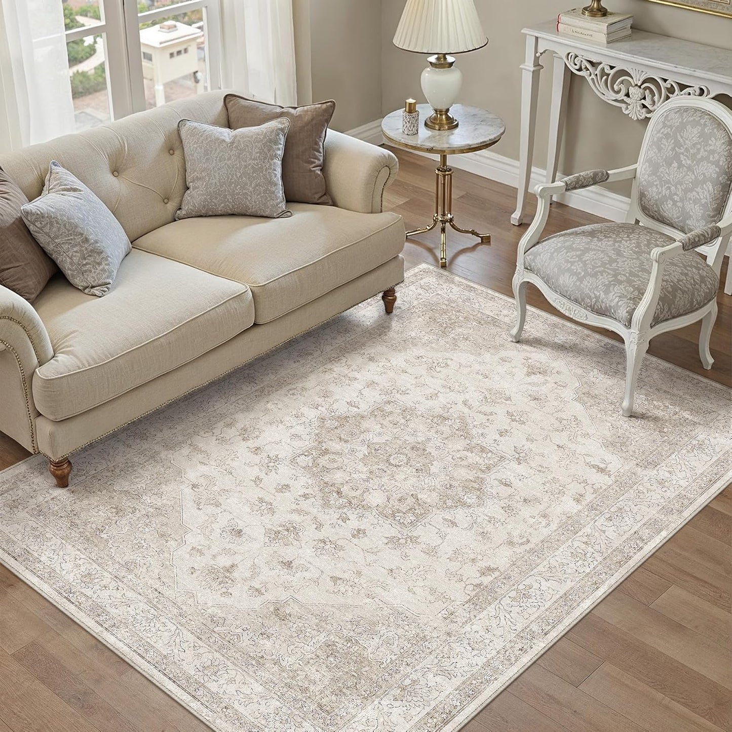 Beige Area Rug 4x5 Washable Vintage Carpet for Any Room