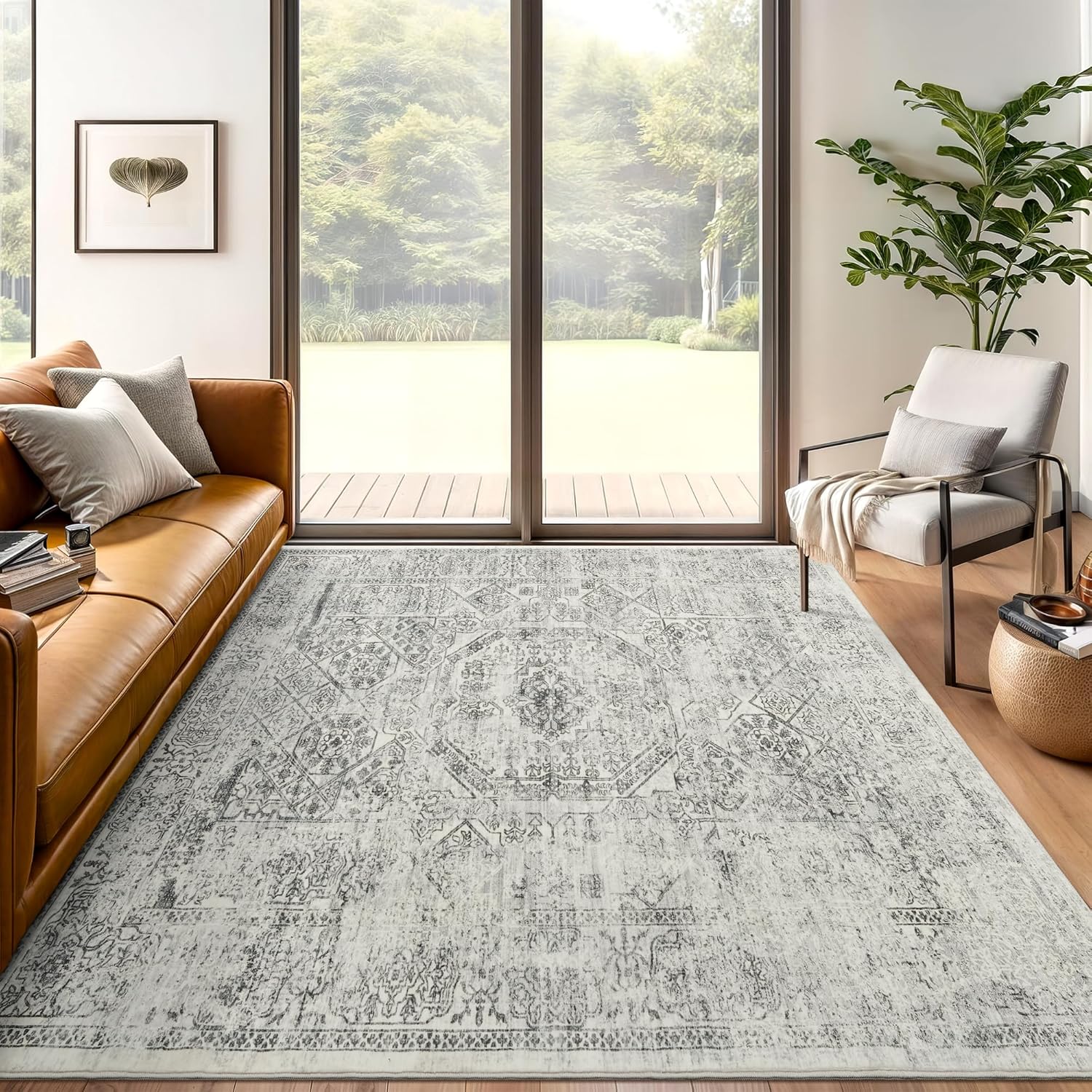 5x7 Area Rugs Grey Low Pile Indoor Washable Floral Design