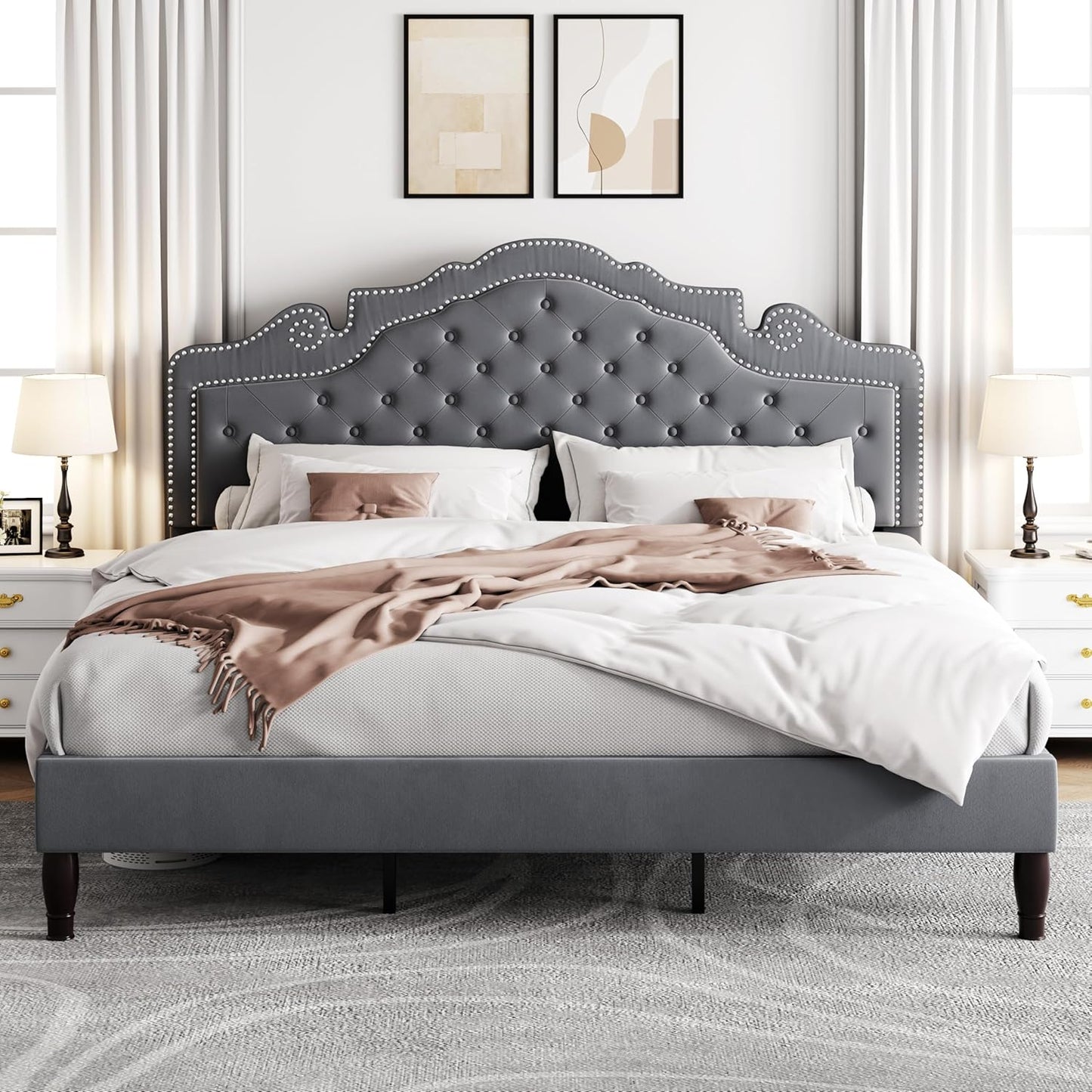 Allewie King Size Bed Frame with Adjustable Velvet Headboard
