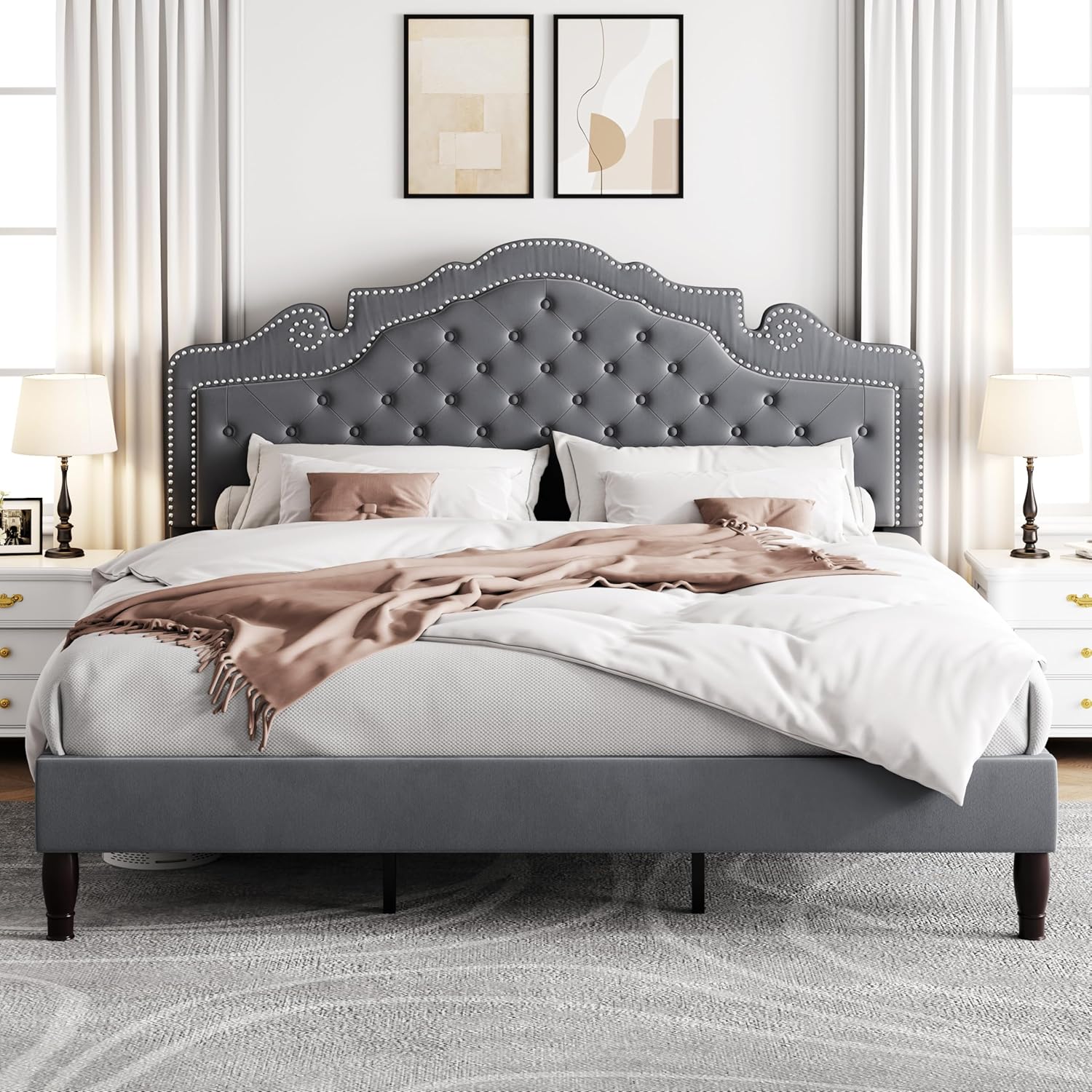 Allewie King Size Bed Frame with Adjustable Velvet Headboard