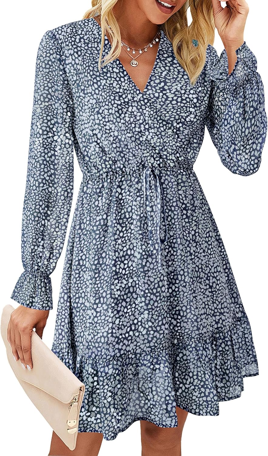 KIRUNDO Women Casual Summer Fall Dresses Long Sleeve Floral Wrap
