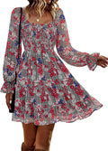 Womens Long Sleeve Smocked Floral Mini Dress - Flattering Fit