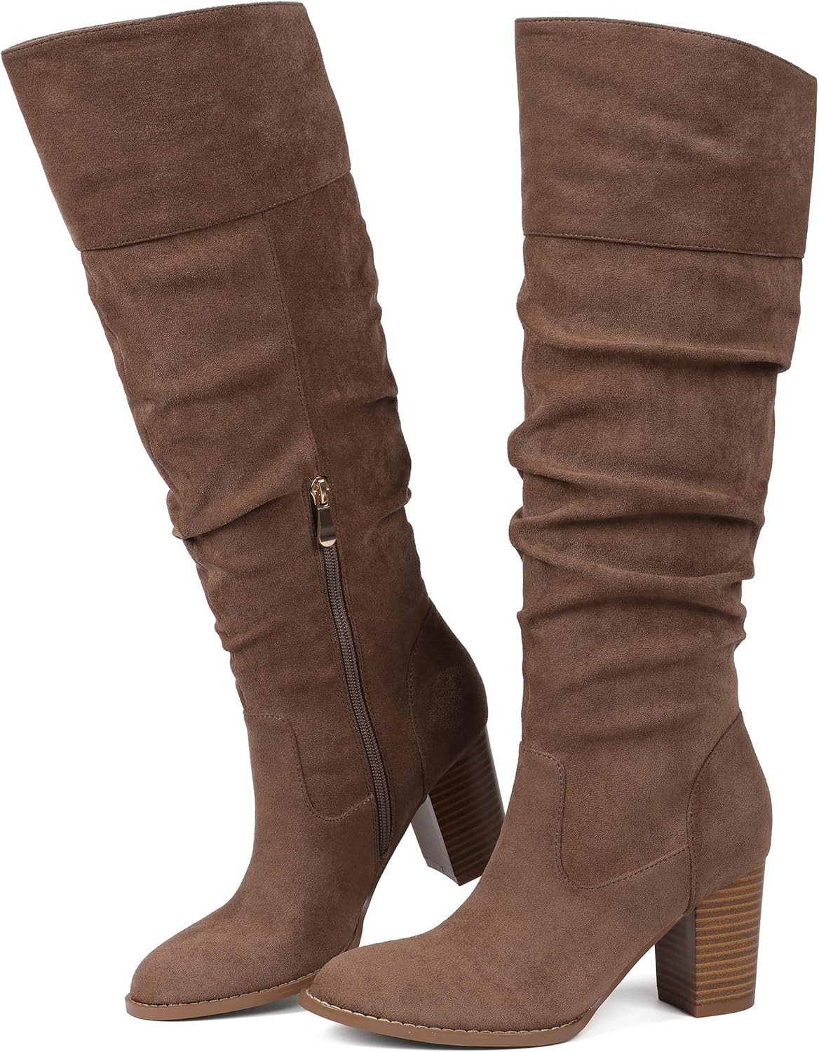 Erocalli Suede Knee-High Boots for Women with Chunky Block Heel