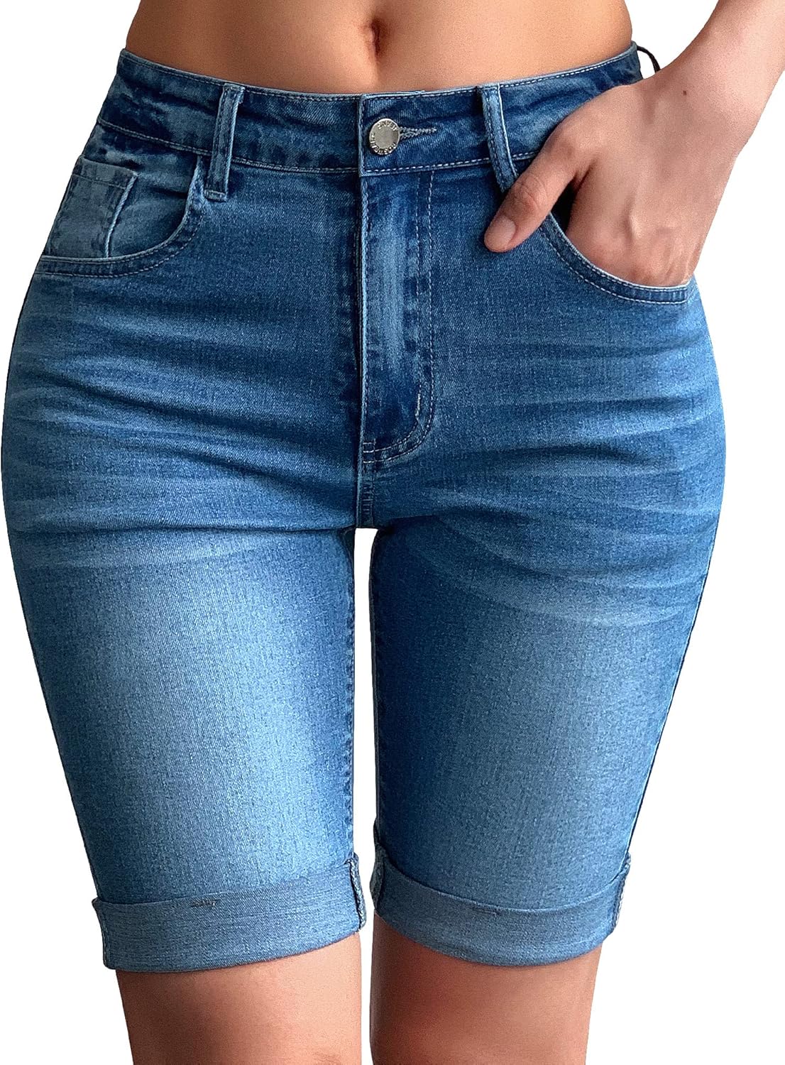 Roswear Womens Mid Rise Roll Cuff Bermuda Stretch Denim Shorts