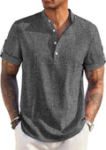 Men's Henley Band Collar Linen Shirt - Lightweight Summer Tee