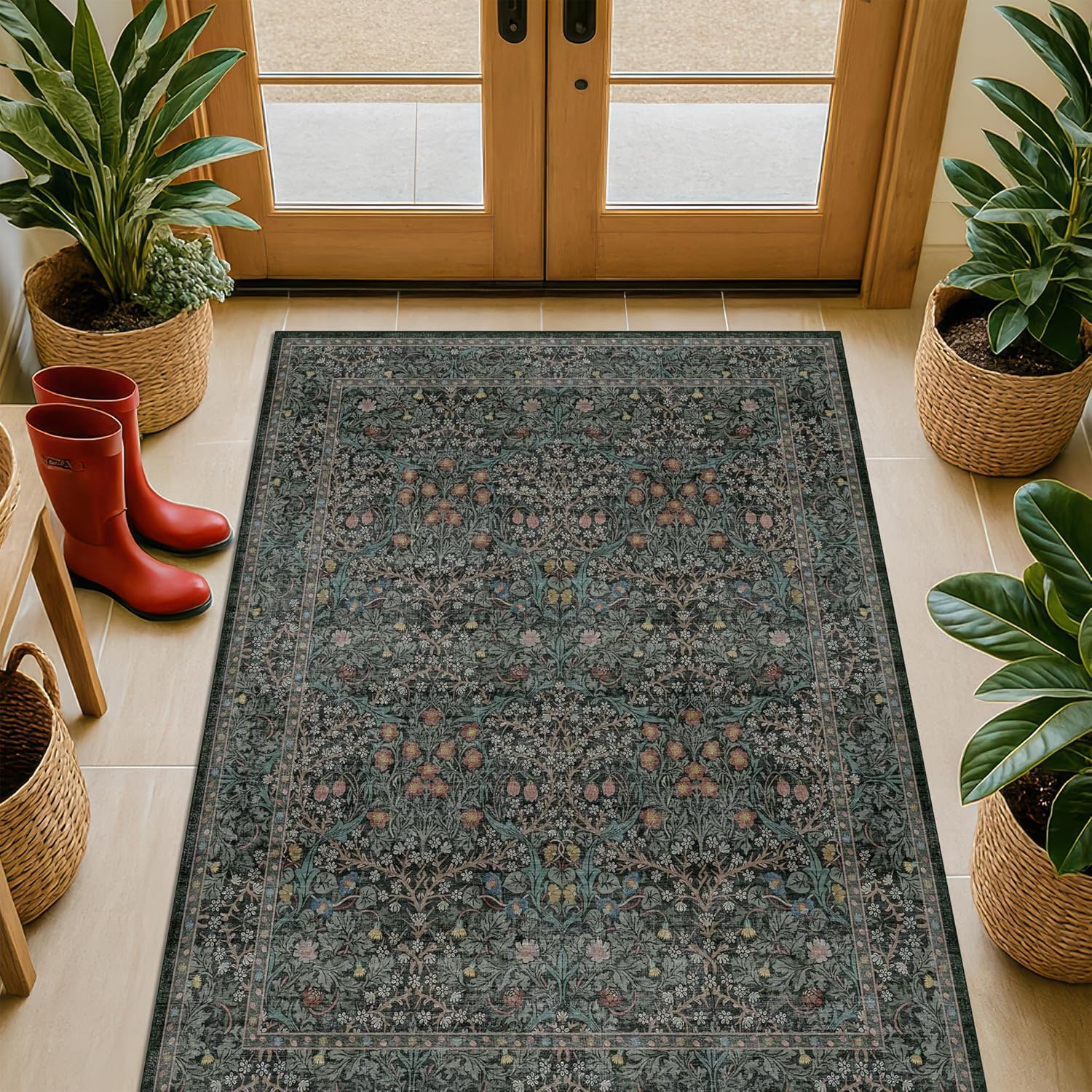 Vintage Floral Dark Green 3x5 Area Rugs for Entryway and More