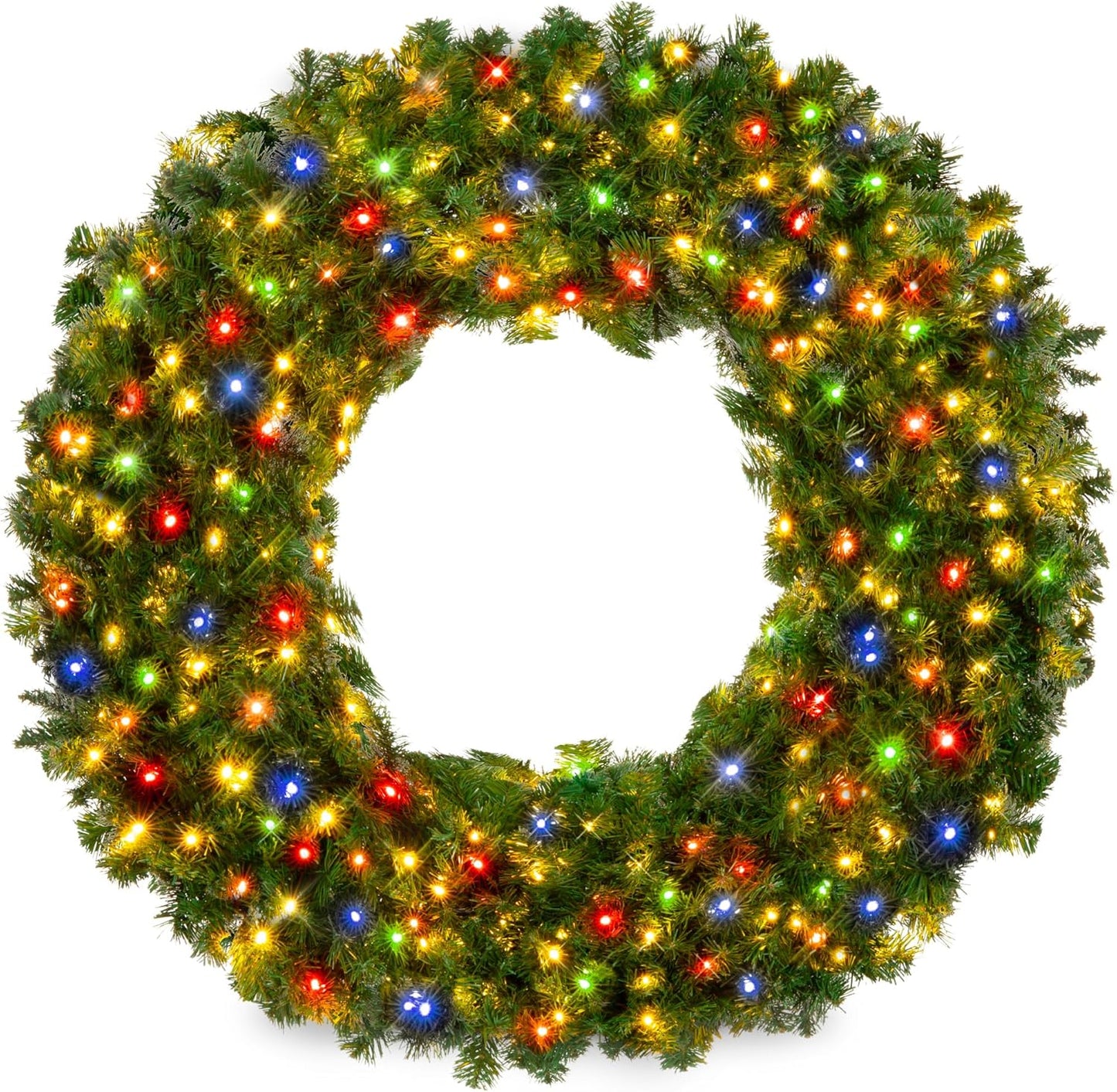 24in Large Artificial Pre-Lit Fir Christmas Wreath for Holidays
