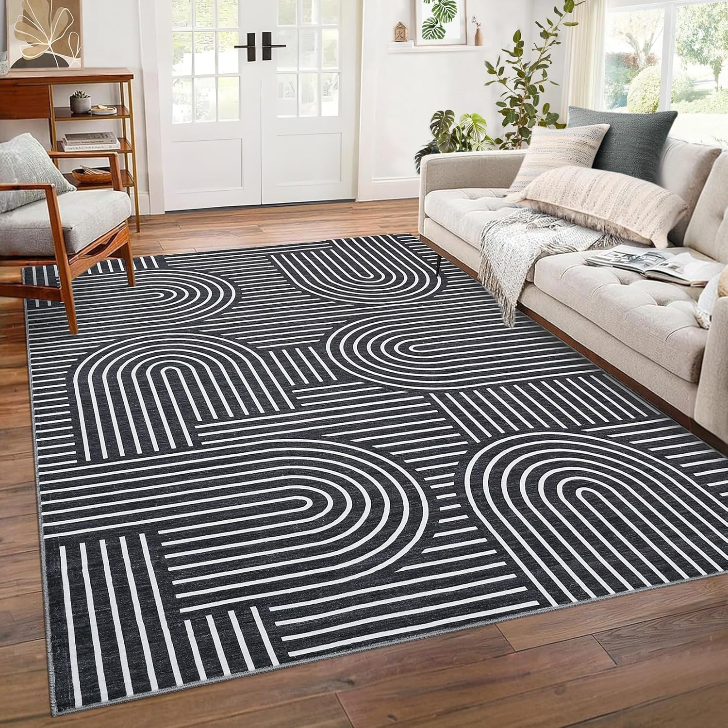 Washable 8x10 Area Rug for Living Room, Soft Rainbow Design