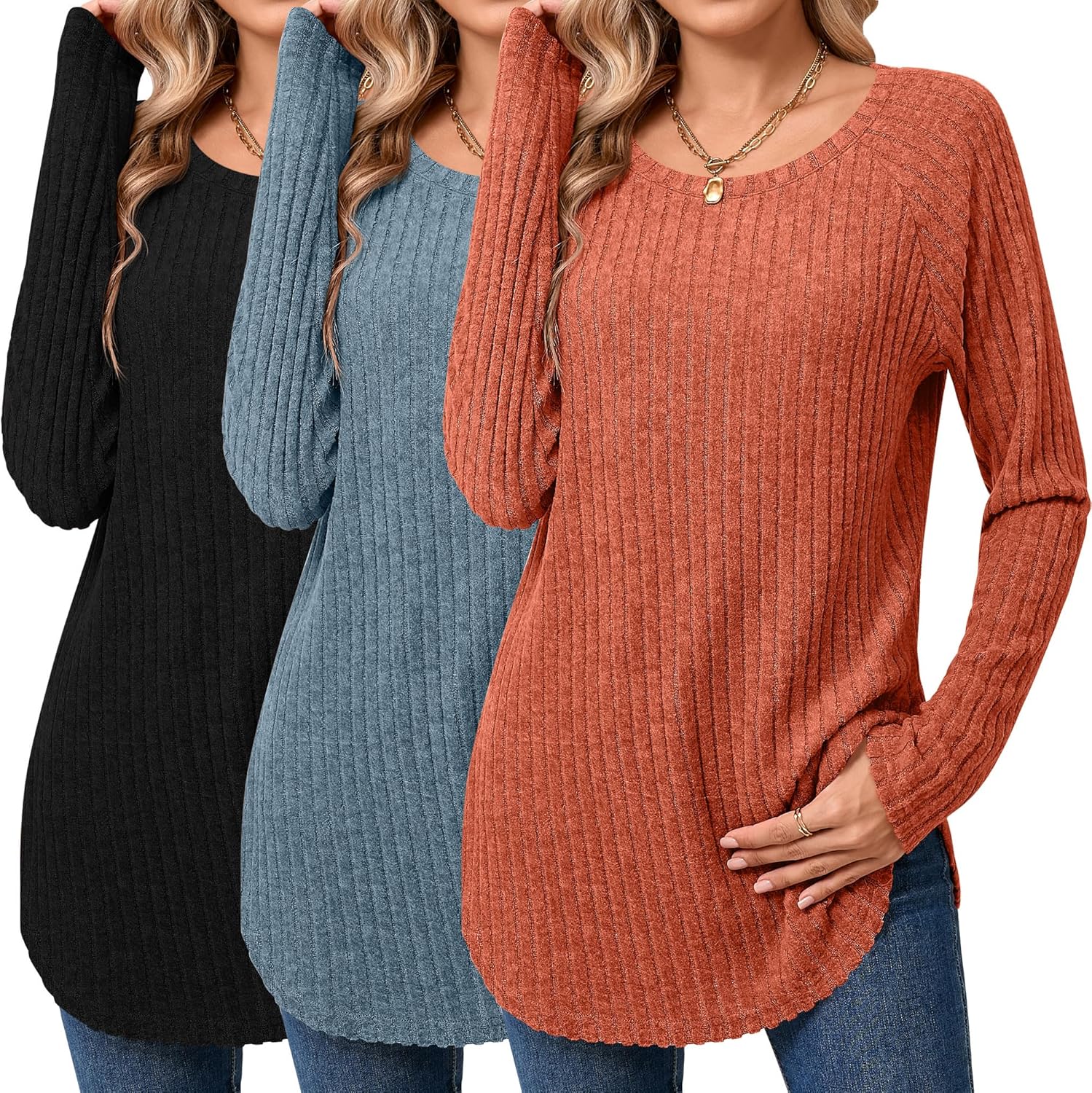 Ficerd Women's Curved Hem Long Sleeve Sweaters - 3 Pack Tunics