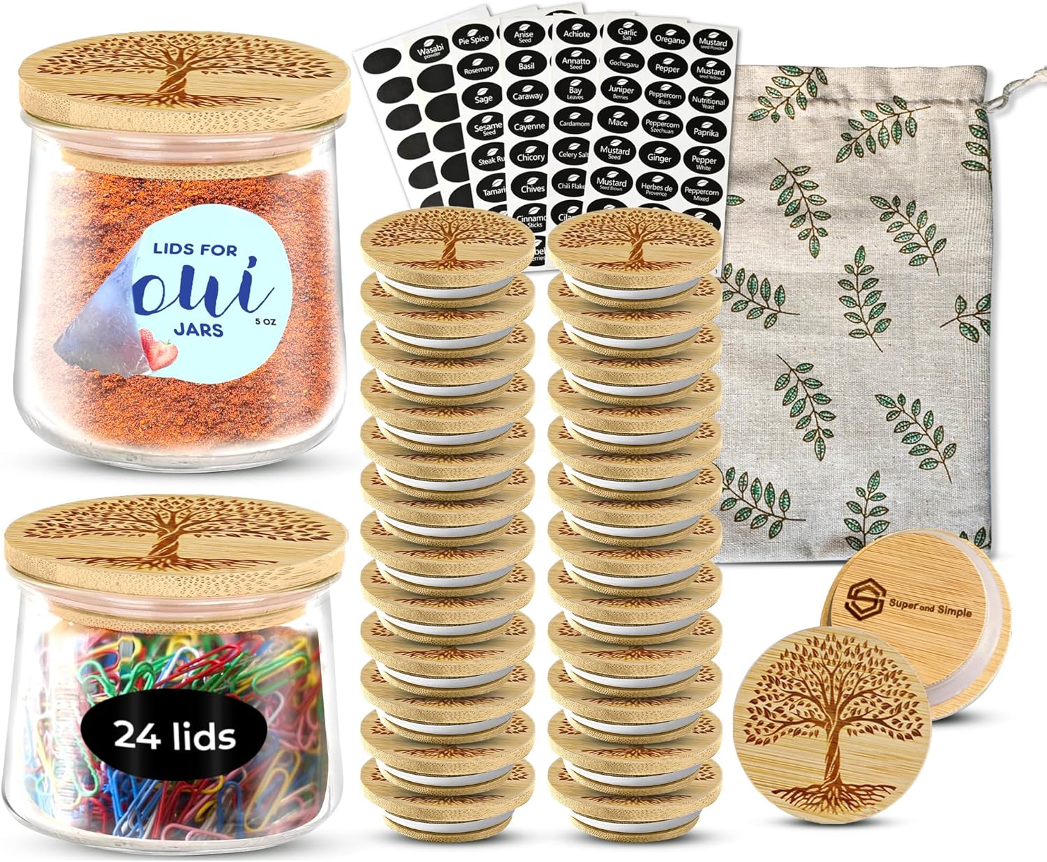 Oui Yogurt Jar Lids Bamboo Tree of Life 24-Pack for Storage