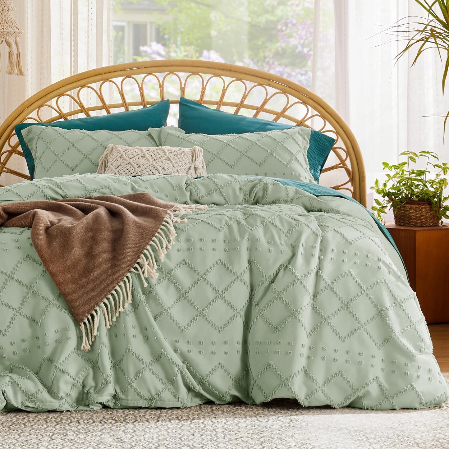 Boho Duvet Cover King Size - Sage Green Soft Bedding Set