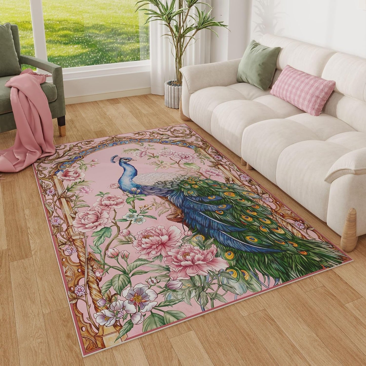 Floral Peacock Area Rug 4x6 Washable Non Slip Low Pile Carpet