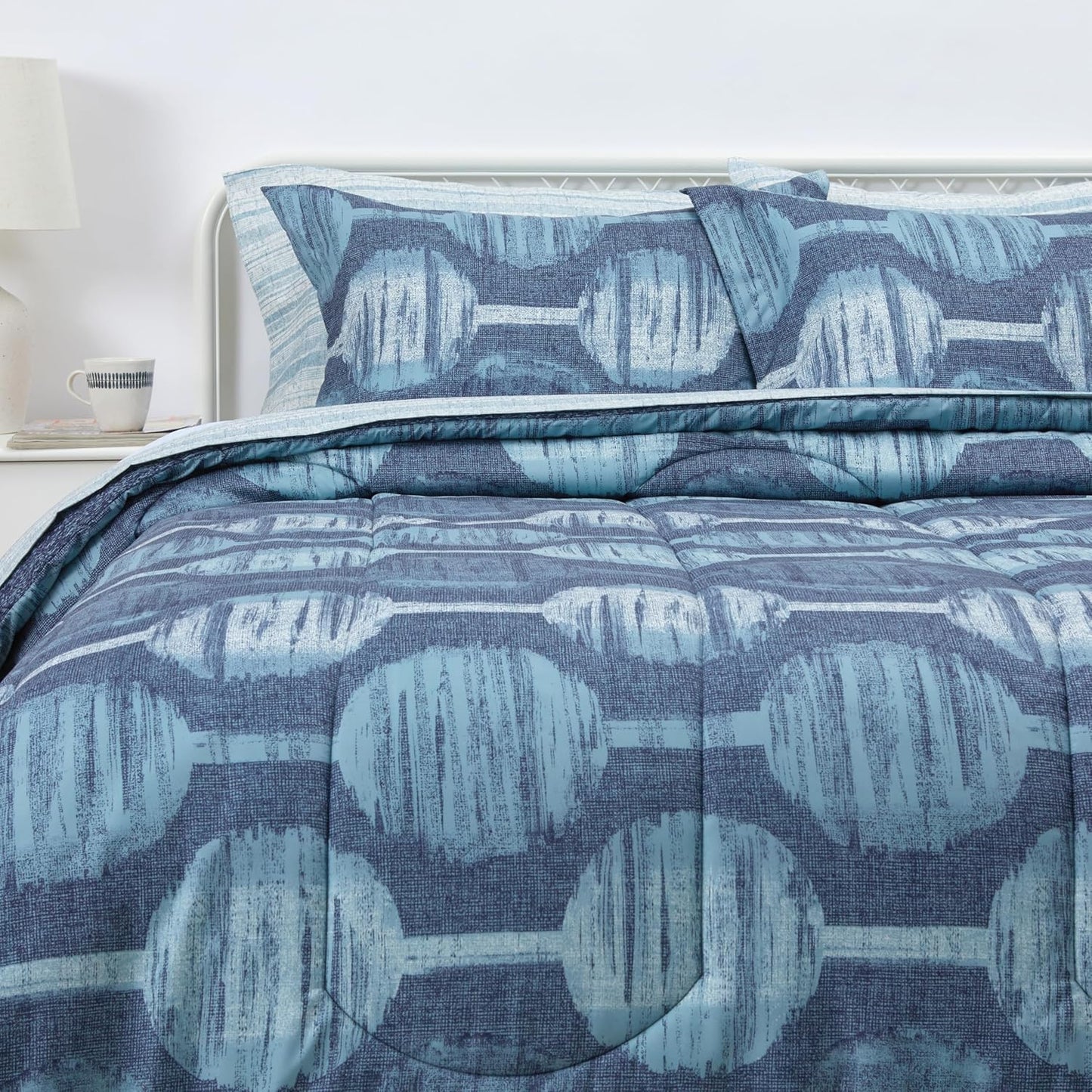 Lightweight Microfiber Comforter Set, 7 Pieces, Navy Geometrics