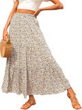 Boho Floral Maxi Skirt High Waist A-Line - Flowy Pleated Skirt