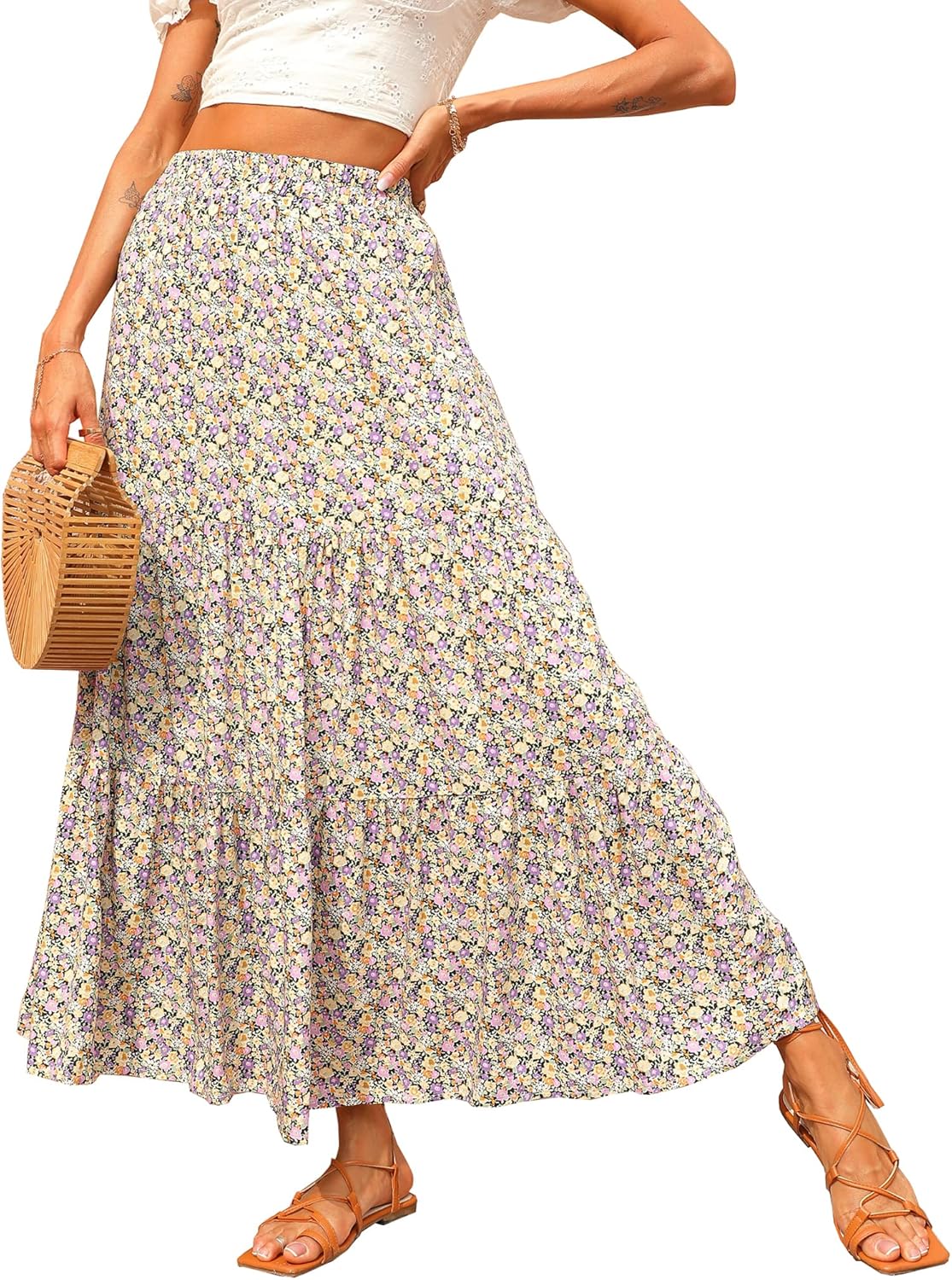 KIRUNDO Women's Boho Floral Maxi Skirt for Trendy Casual Style