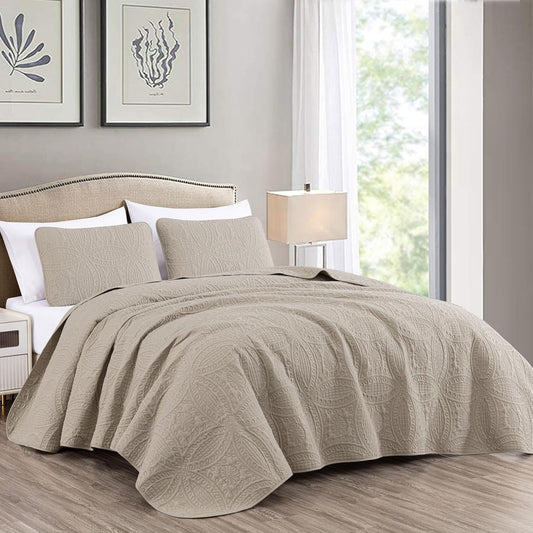 Oversized Bedspread Coverlet Set for Queen Size Beds in Khaki