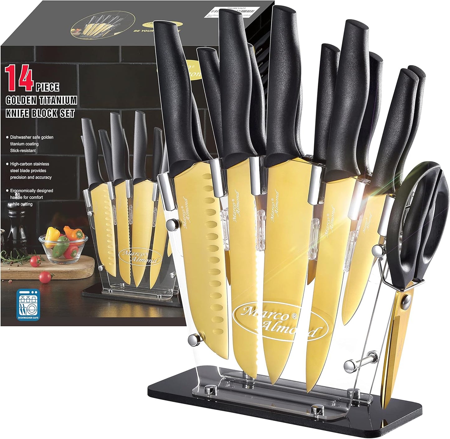 Marco Almond Gold Knife Set with Block - 14 Piece Stainless Steel